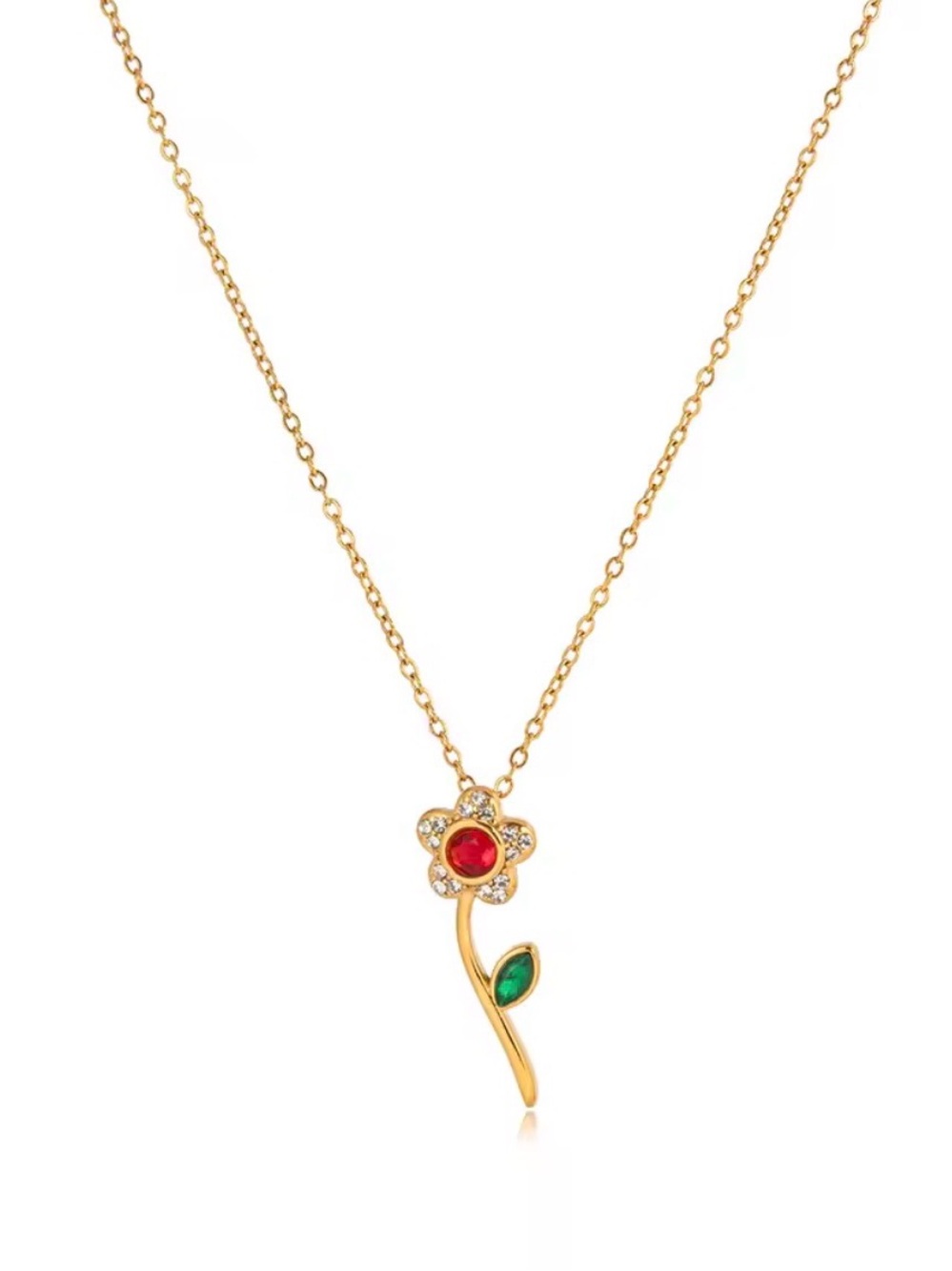 Gold Flower Pendant Necklace with Red and Green Accents